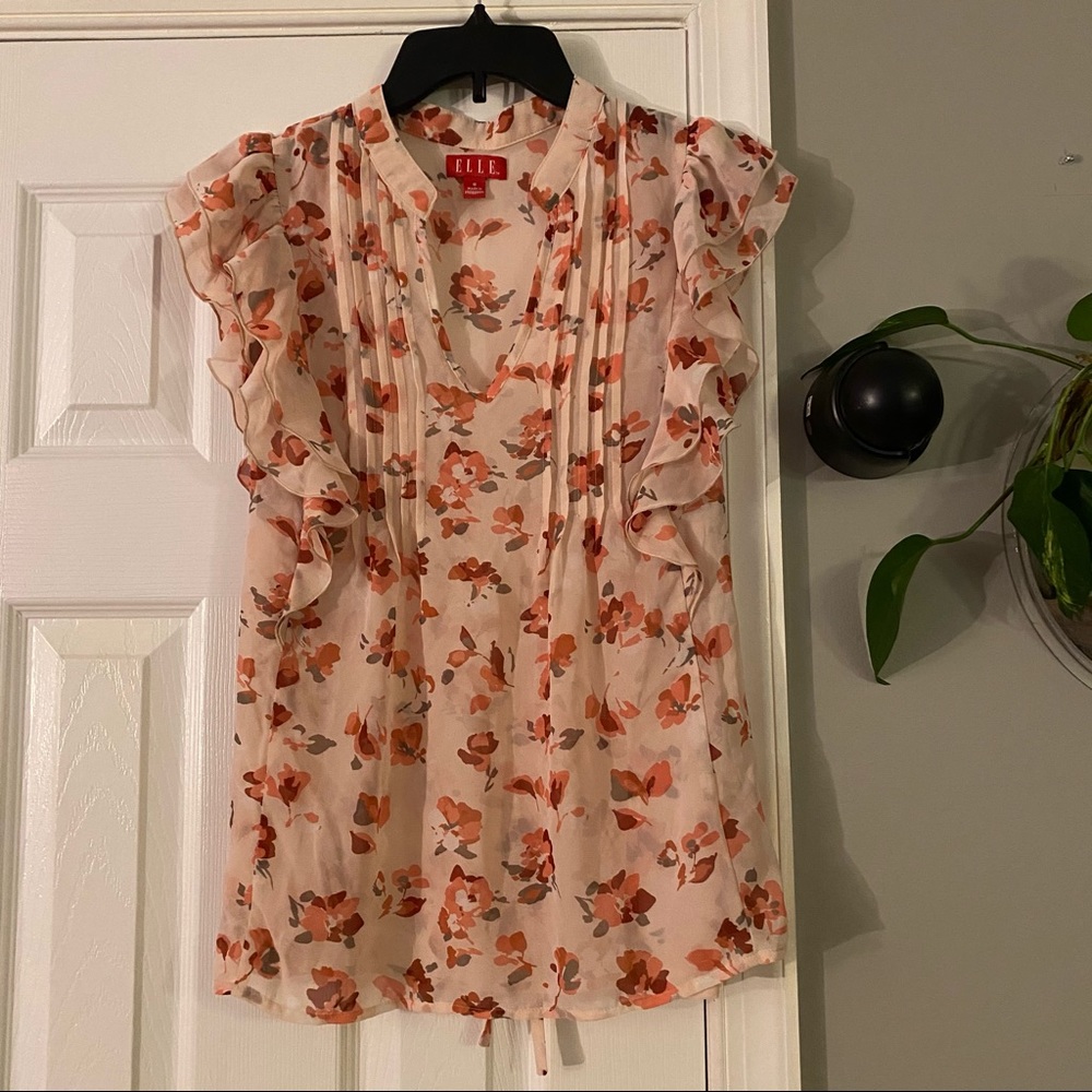 Elle Semi Sheer Flutter Sleeve Pink Floral V Neck Blouse Top Size Small